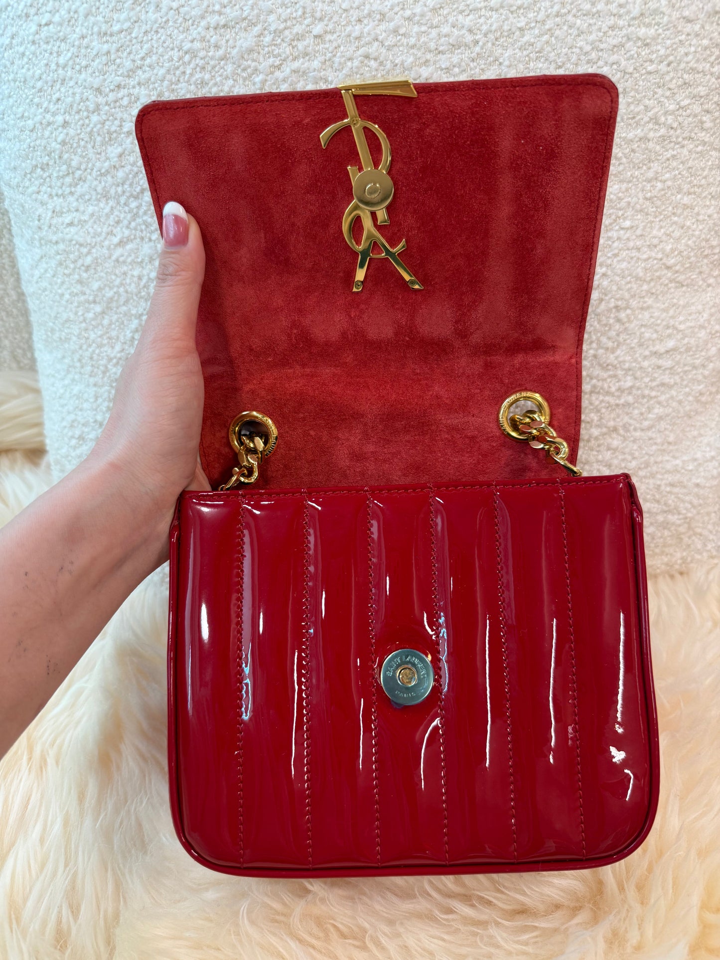 SAINT LAURENT Patent Matelasse Monogram Vicky Chain Bag Red