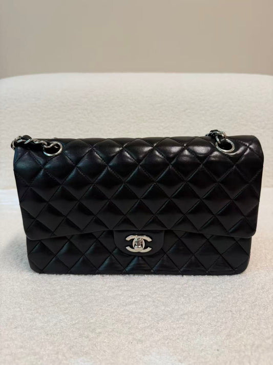 CHANEL LAMBSKIN QUILTED MEDIUM DOUBLE FLAP BLACK SILVER