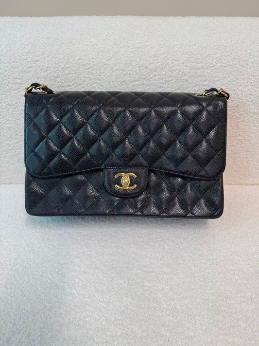 CHANEL JUMBO BLACK CALFSKIN CAVIAR DOUBLE FLAP BAG
