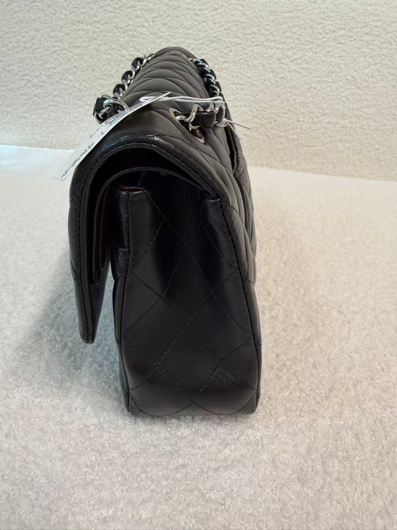 CHANEL LAMBSKIN QUILTED MEDIUM DOUBLE FLAP BLACK SILVER