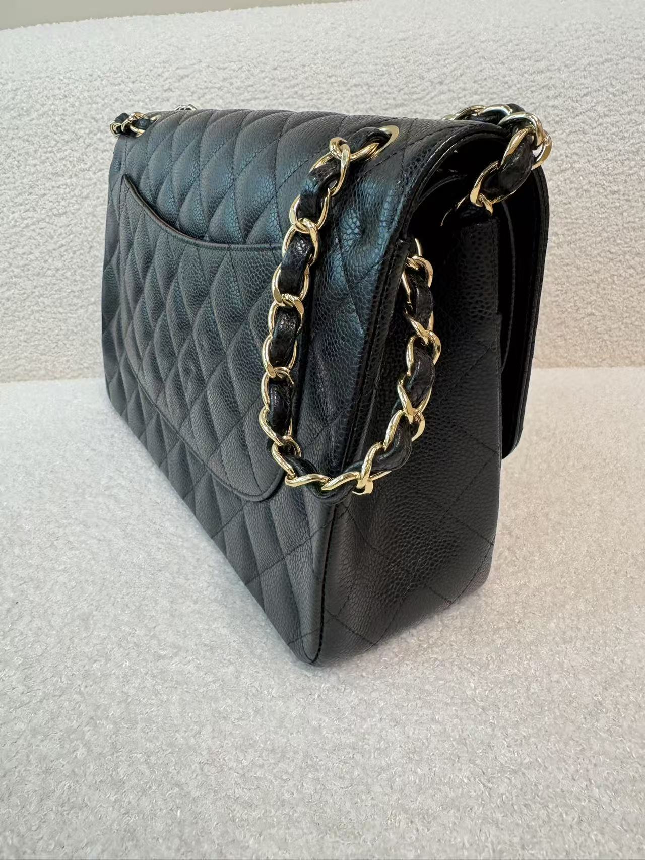CHANEL JUMBO BLACK CALFSKIN CAVIAR DOUBLE FLAP BAG