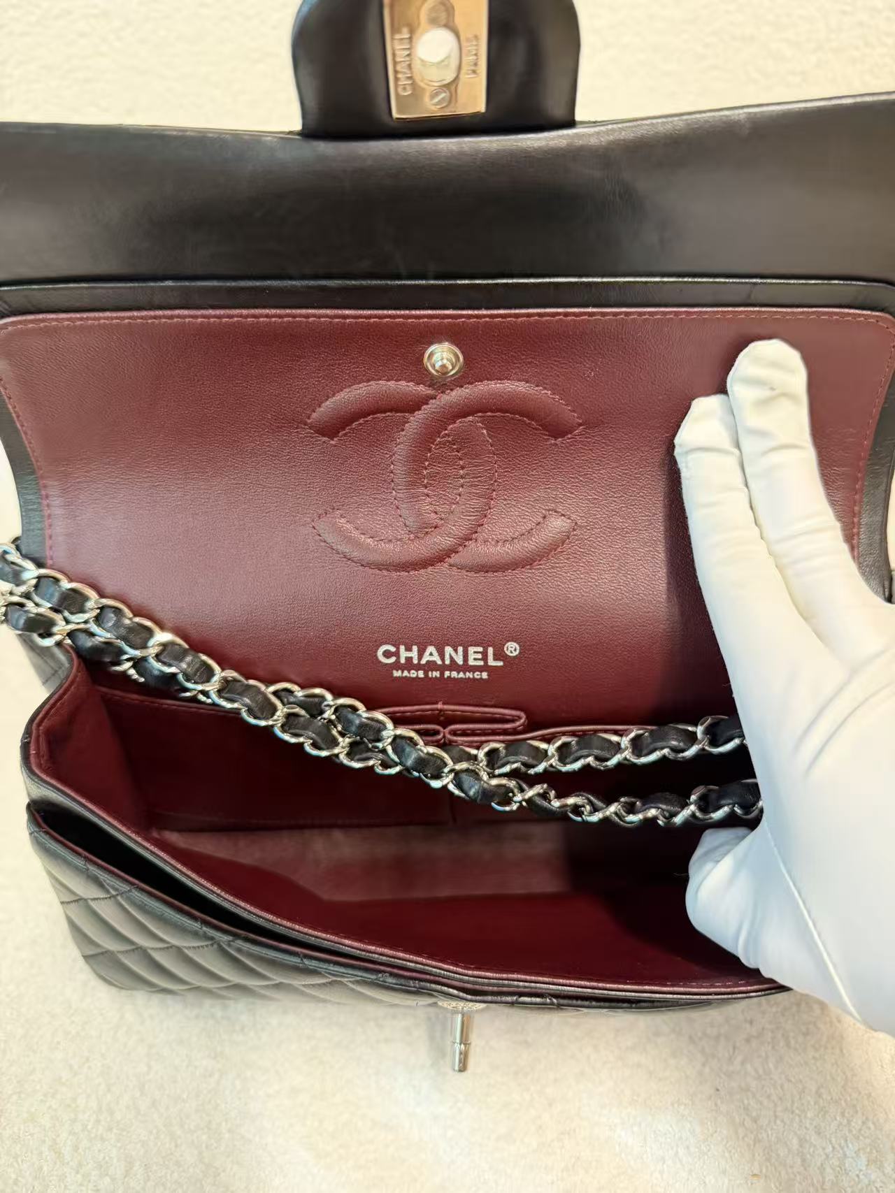 CHANEL LAMBSKIN QUILTED MEDIUM DOUBLE FLAP BLACK SILVER