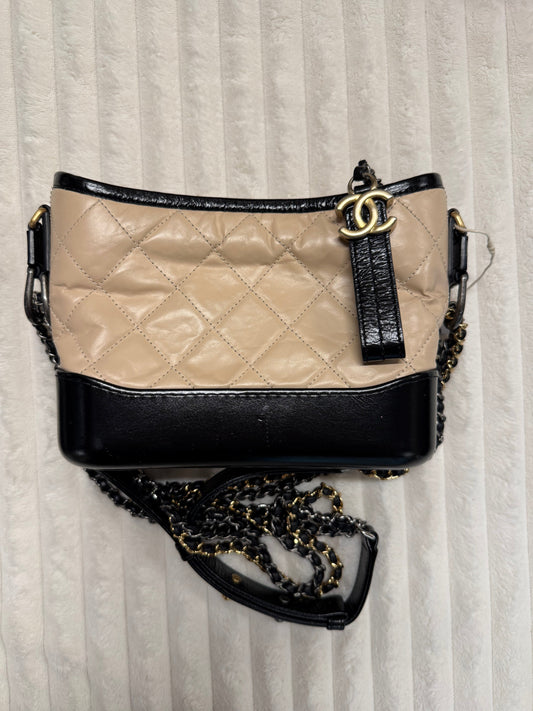 Chanel Aged Calfskin Quilted Small Gabrielle Hobo Beige Black
