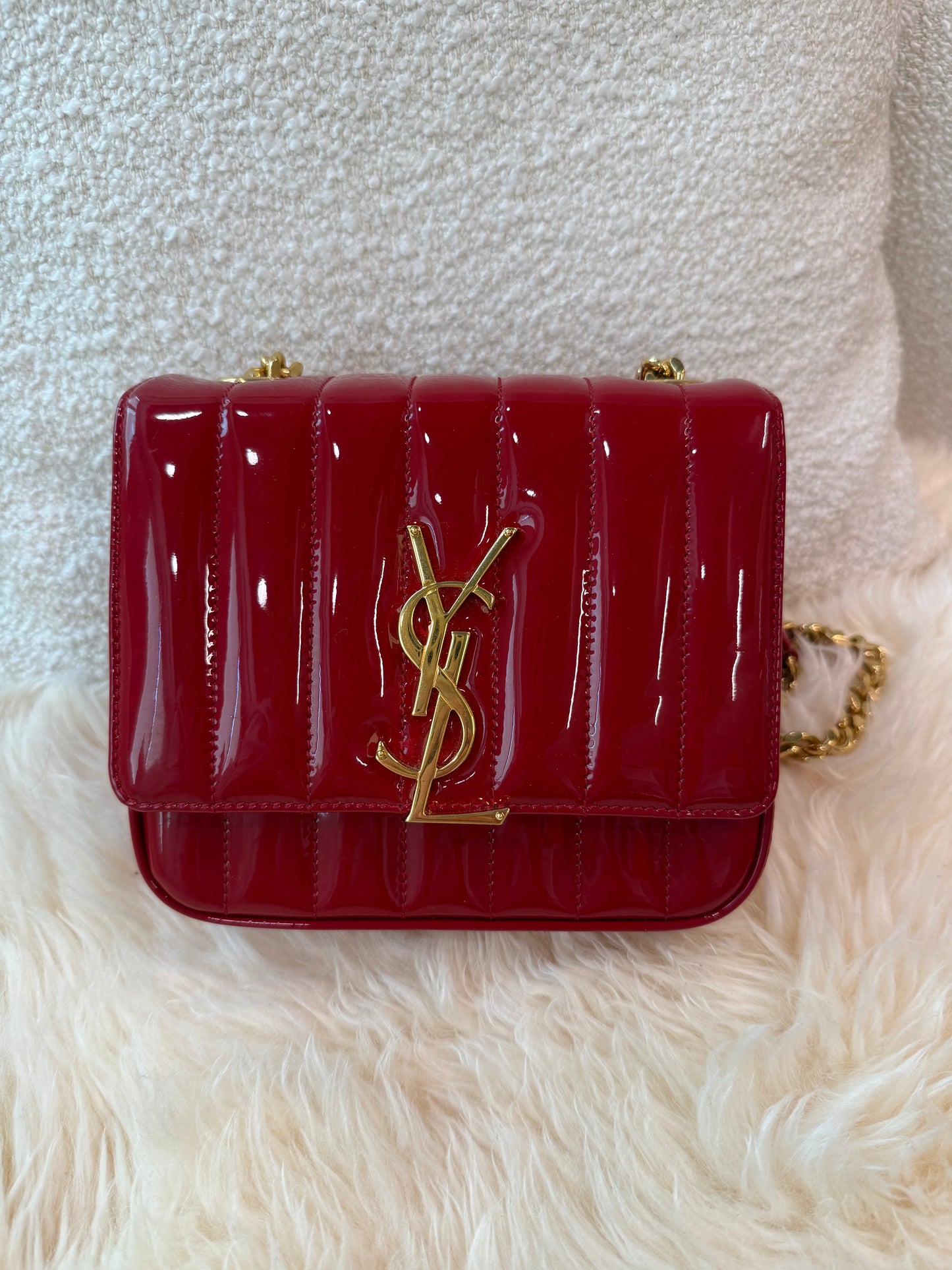 SAINT LAURENT Patent Matelasse Monogram Vicky Chain Bag Red