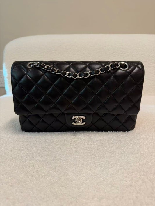 CHANEL LAMBSKIN QUILTED MEDIUM DOUBLE FLAP BLACK SILVER