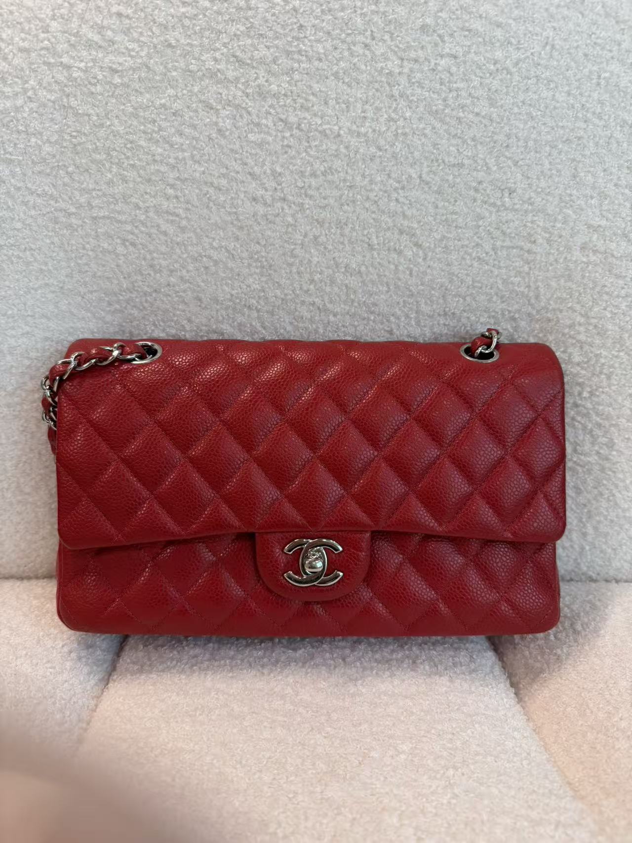 CHANEL CLASSIC DOUBLE FLAP QUILTED MEDIUM RED SILVER