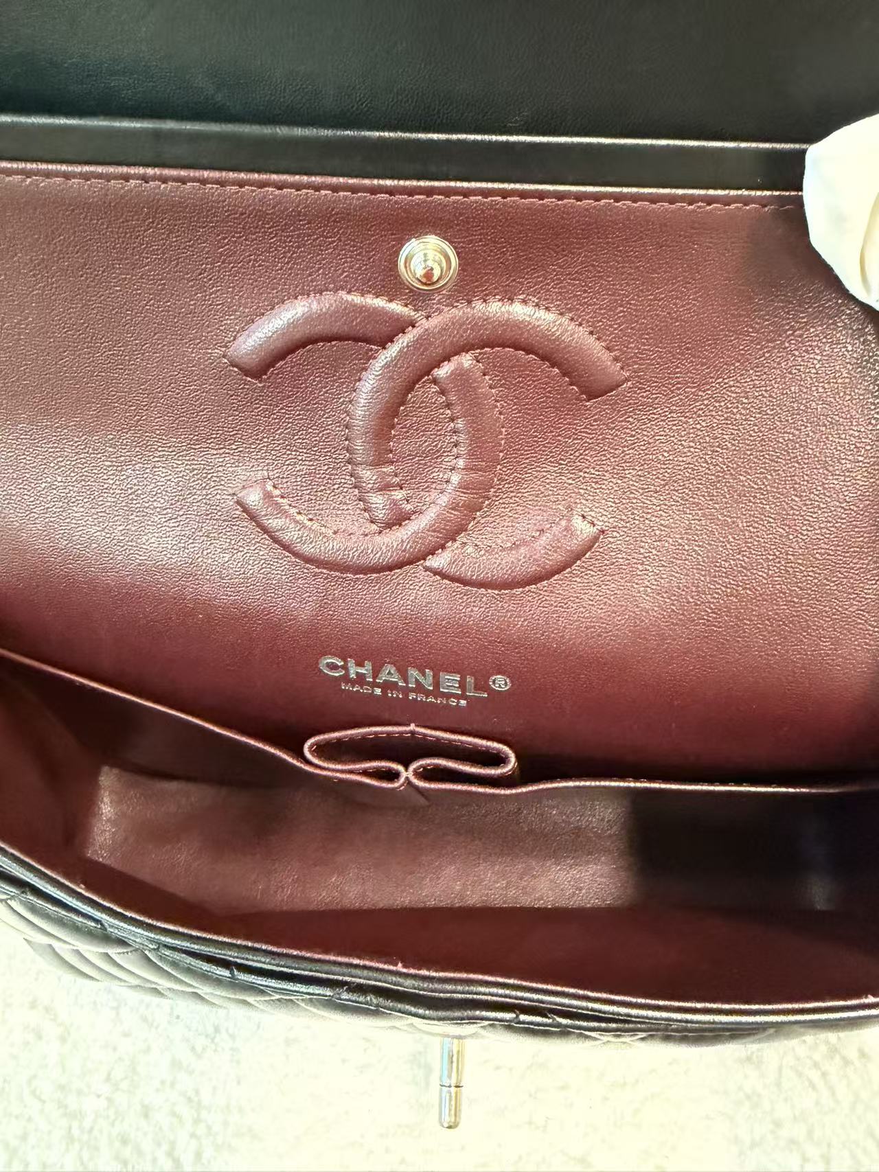 CHANEL LAMBSKIN QUILTED MEDIUM DOUBLE FLAP BLACK SILVER